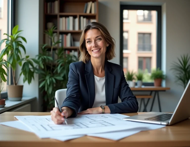 Femme professionnelle analysant des documents immobiliers dans un bureau moderne pour un investissement réussi en 2024