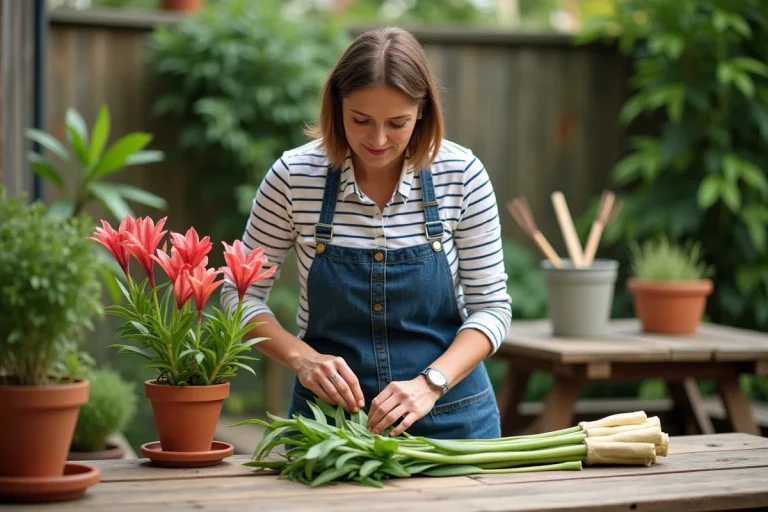 Femme préparant des tiges d'alstroemeria dans le jardin