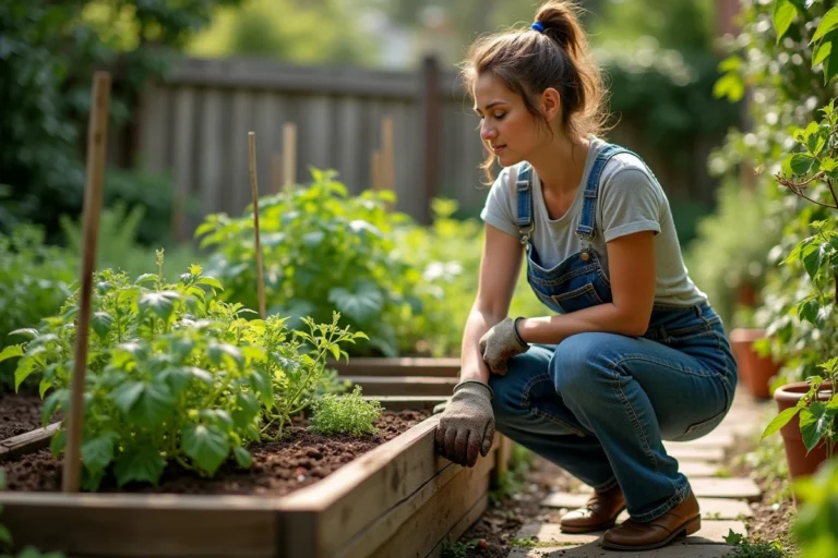 Femme jardinière s'occupant d'un potager surélevé en bois rempli de tomates et d'herbes aromatiques dans un jardin extérieur