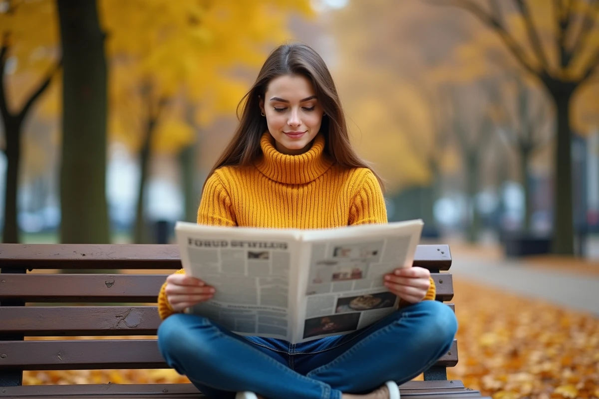 Jeune femme lisant un journal en plein air dans un parc urbain en automne