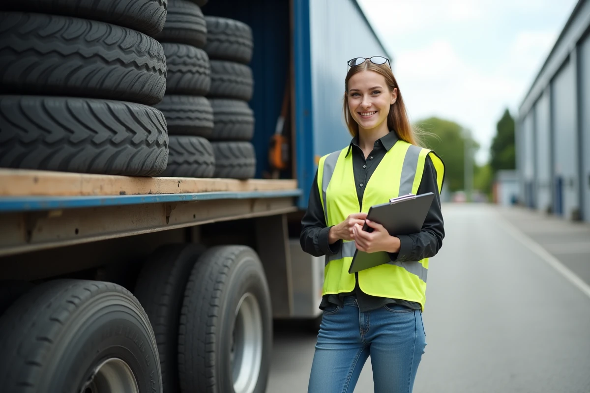 Femme en vestiaire sécurité avec camion de pneus