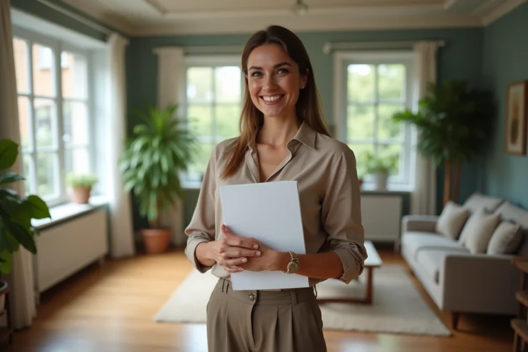 Femme souriante dans un salon moderne avec dossier organisé