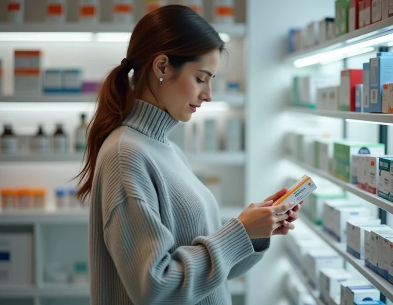 Femme lisant la notice d'un médicament à base de paracétamol dans une pharmacie scandinave moderne