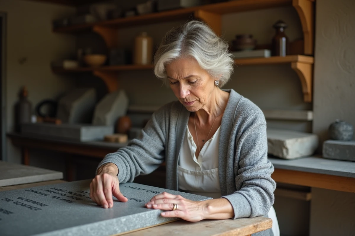Femme tenant une plaque funéraire gravée en granit dans un atelier de marbrier, expression recueillie et douce
