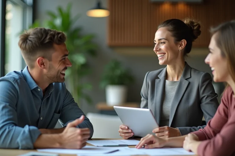 Femme professionnelle discutant avec un couple dans un bureau moderne