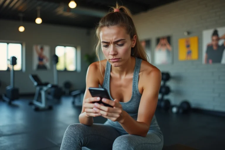 Jeune femme en sport regardant son smartphone dans une salle de sport
