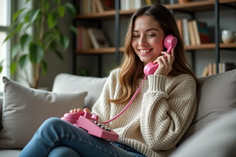 Femme souriante au téléphone vintage dans un appartement parisien