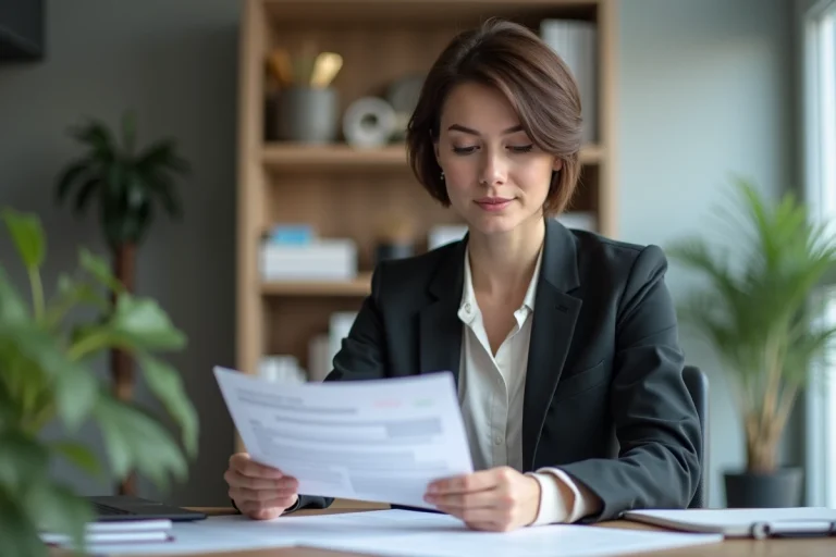 Femme en blazer travaillant à son bureau professionnel