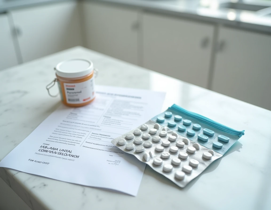 Flat lay de medicamentos paracetamol e documentos alfandegários para viajar na Noruega
