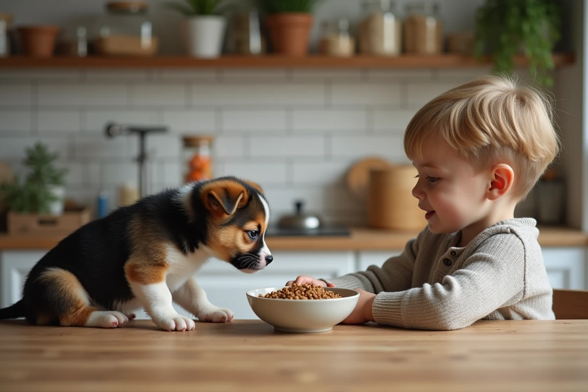Garçon offrant nourriture naturelle au chiot dans la cuisine