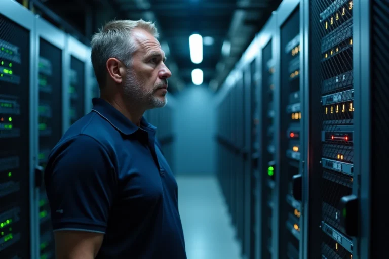 Ingénieur informatique gérant un système de protection électronique centralisé dans une salle de serveurs moderne