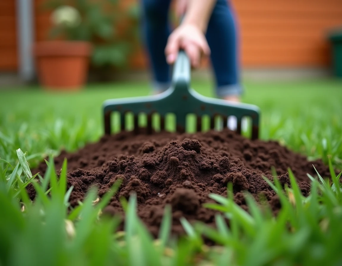 Gros plan sur du fumier étalé au râteau dans les brins d'herbe d'une pelouse avec rosée matinale