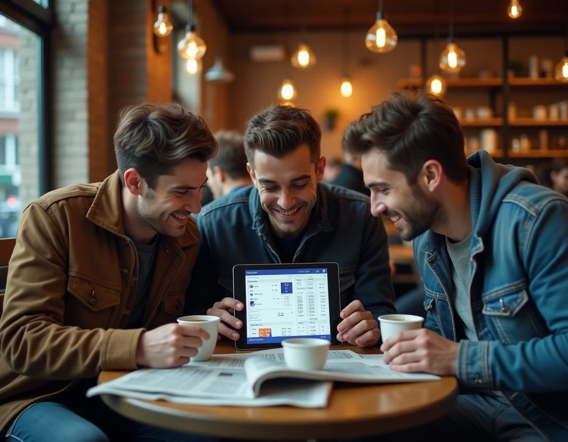 Groupe d'amis analysant des résultats sportifs en direct sur une tablette dans un café urbain animé