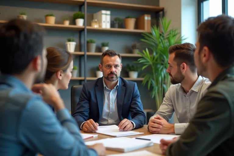 Groupe de collègues au bureau avec homme hésitant