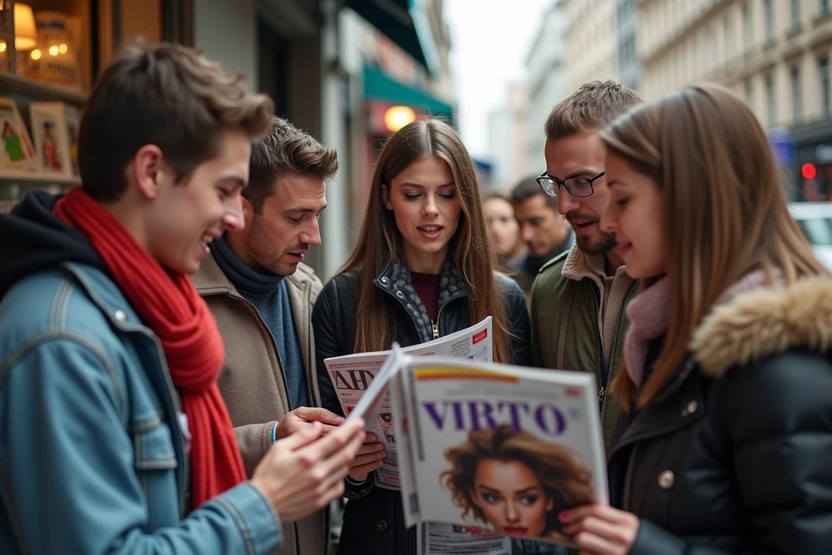 Fans discutant devant un magazine avec une actrice célèbre