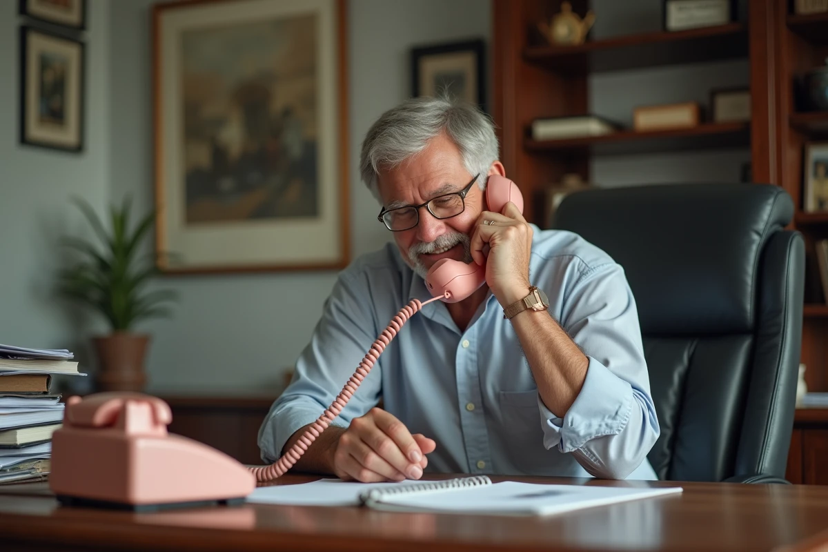 Homme au bureau téléphonant avec un téléphone rose vintage