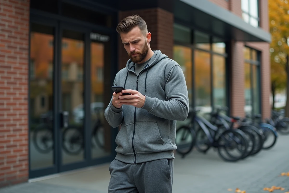 Homme dehors devant une salle de sport avec téléphone en main