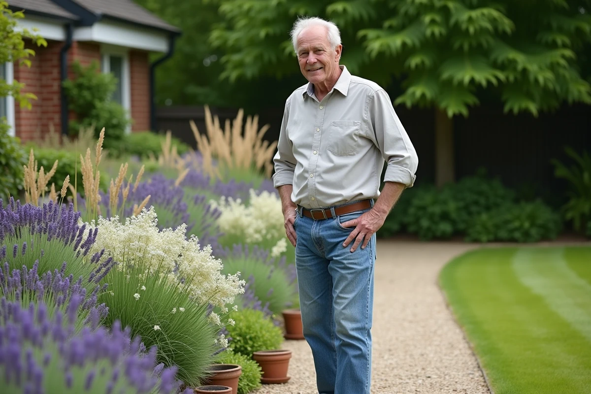 Homme âgé admirant une bordure de plantes dans le jardin
