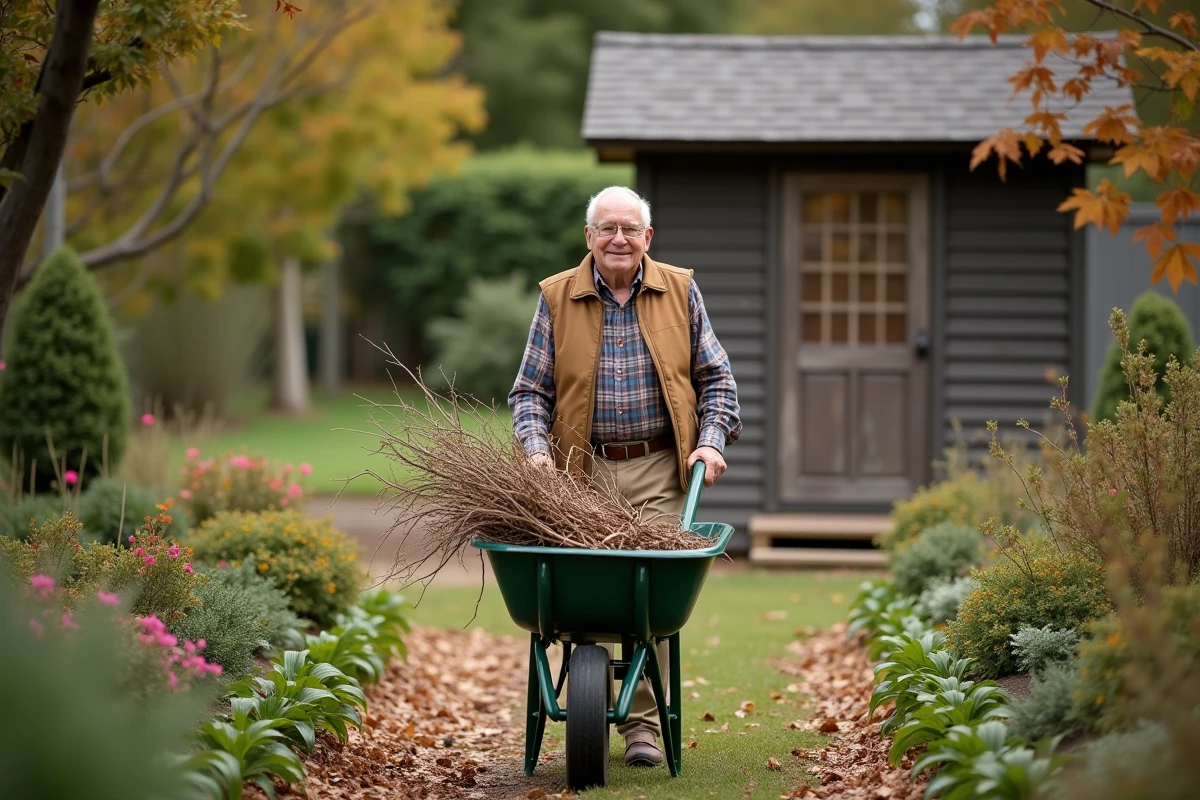 Homme senior pousse une brouette dans le jardin automnal