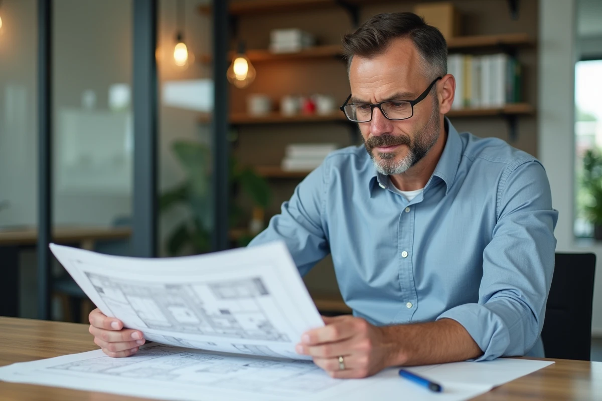 Homme d affaires examinant des plans d architecture au bureau