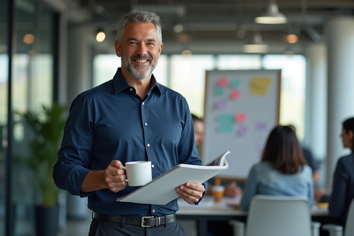 Homme d'affaires lisant un magazine d'actualités dans un bureau moderne en open space