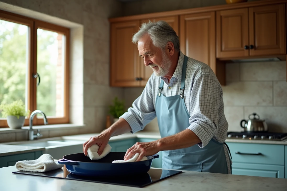 Homme âgé nettoyant une plancha dans la cuisine