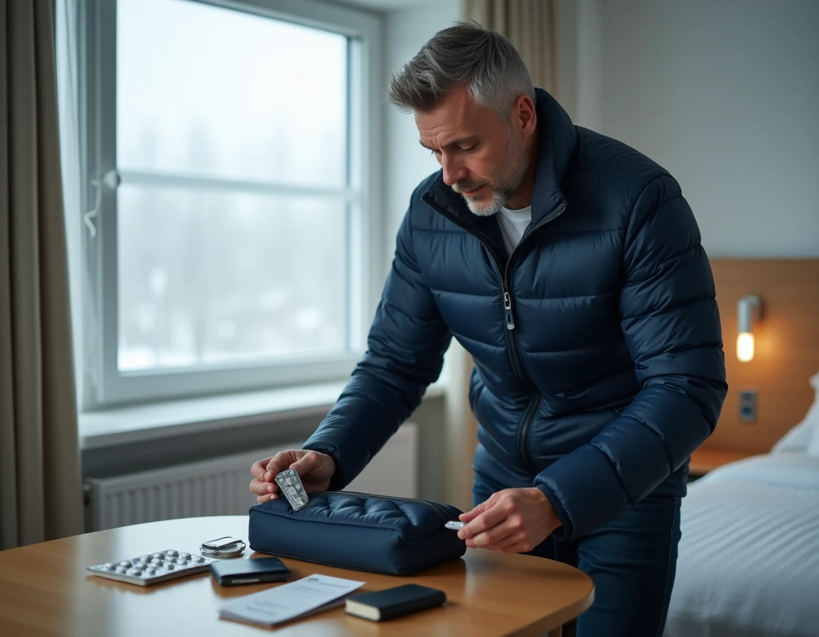 Homem preparando seus medicamentos de viagem, incluindo paracetamol, em um quarto de hotel nórdico