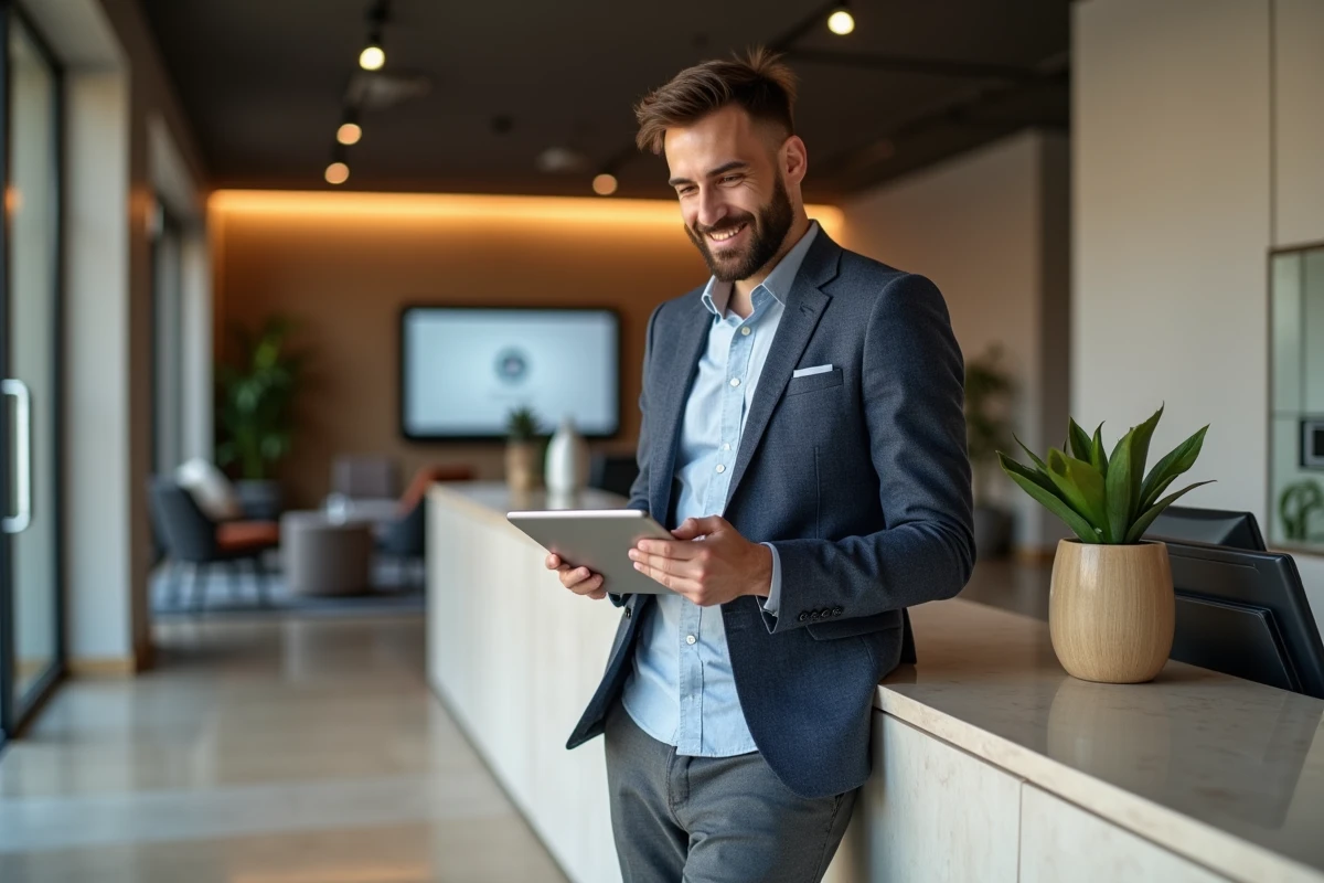 Homme professionnel réservant un bureau dans un coworking