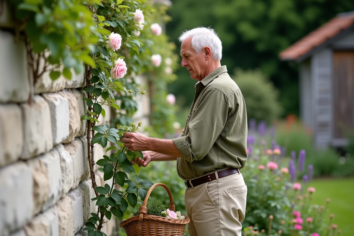 Homme taillant des rosiers grimpants contre un mur en pierre dans un jardin fleuri coloré avec lavande et échinacée