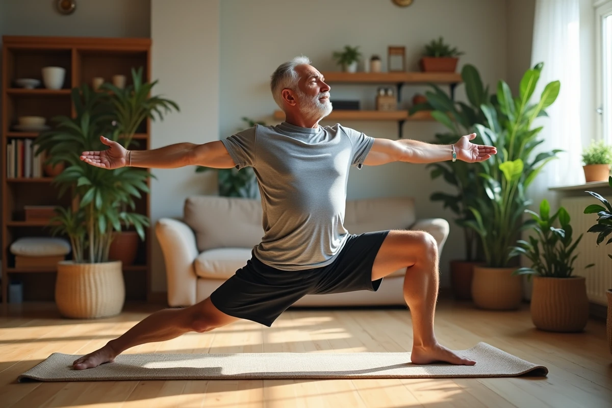 Homme pratiquant le yoga dans un salon lumineux