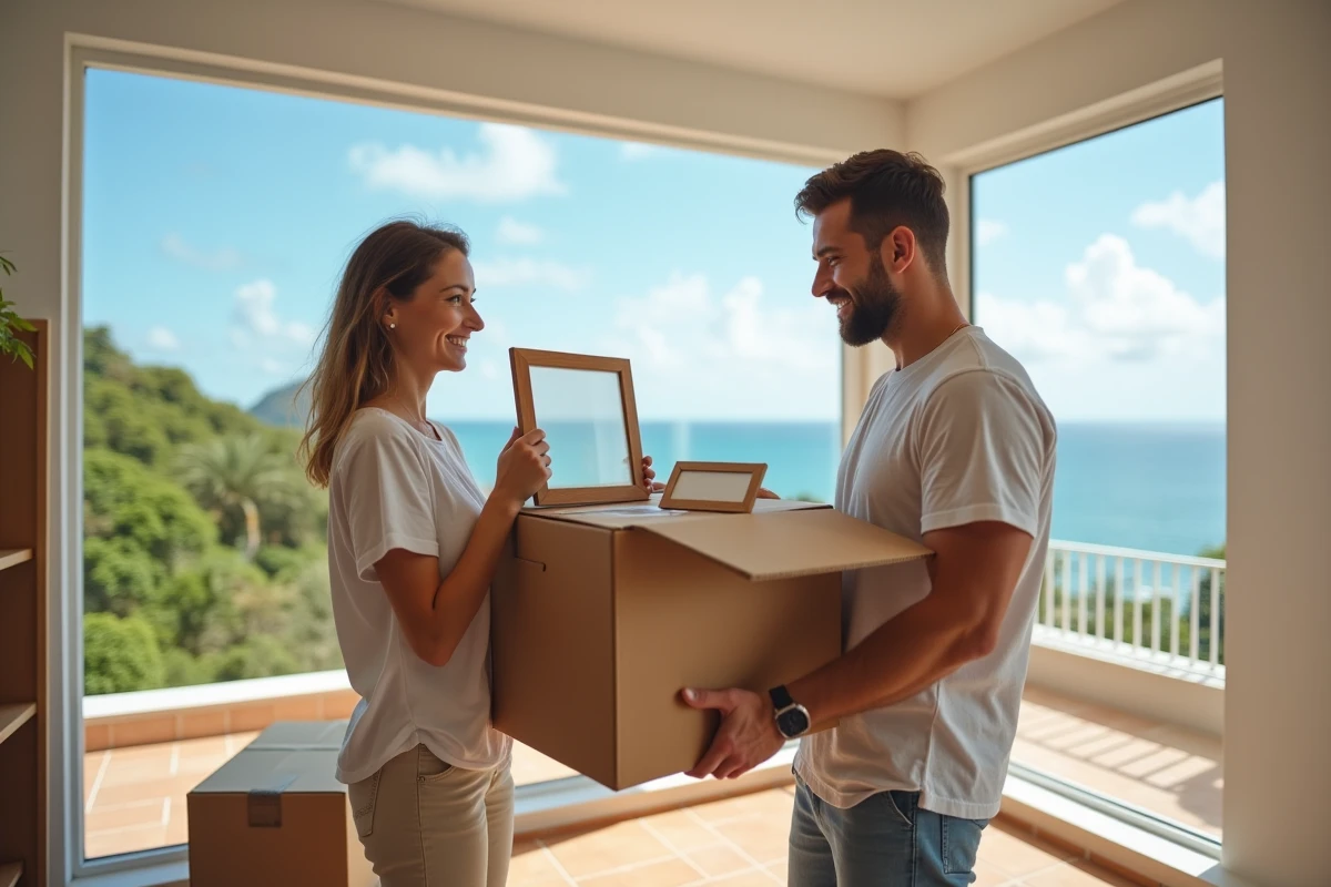 Couple expatrié s'installant dans un nouvel appartement en Nouvelle-Calédonie avec vue sur le lagon et végétation tropicale