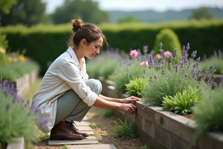 Femme méditant dans un jardin d'herbes aromatiques