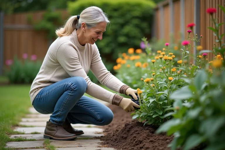 Femme d'âge moyen prune un arbuste en jardin