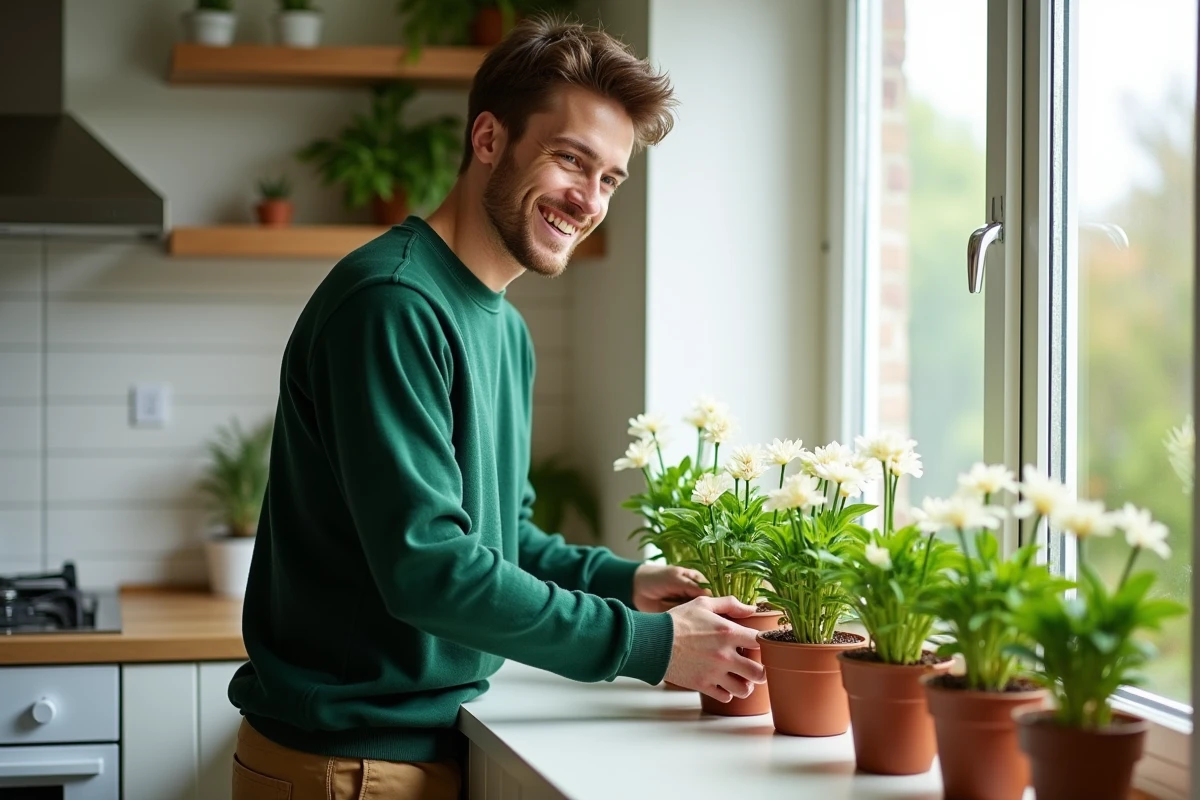 Jeune homme plaçant des pots d