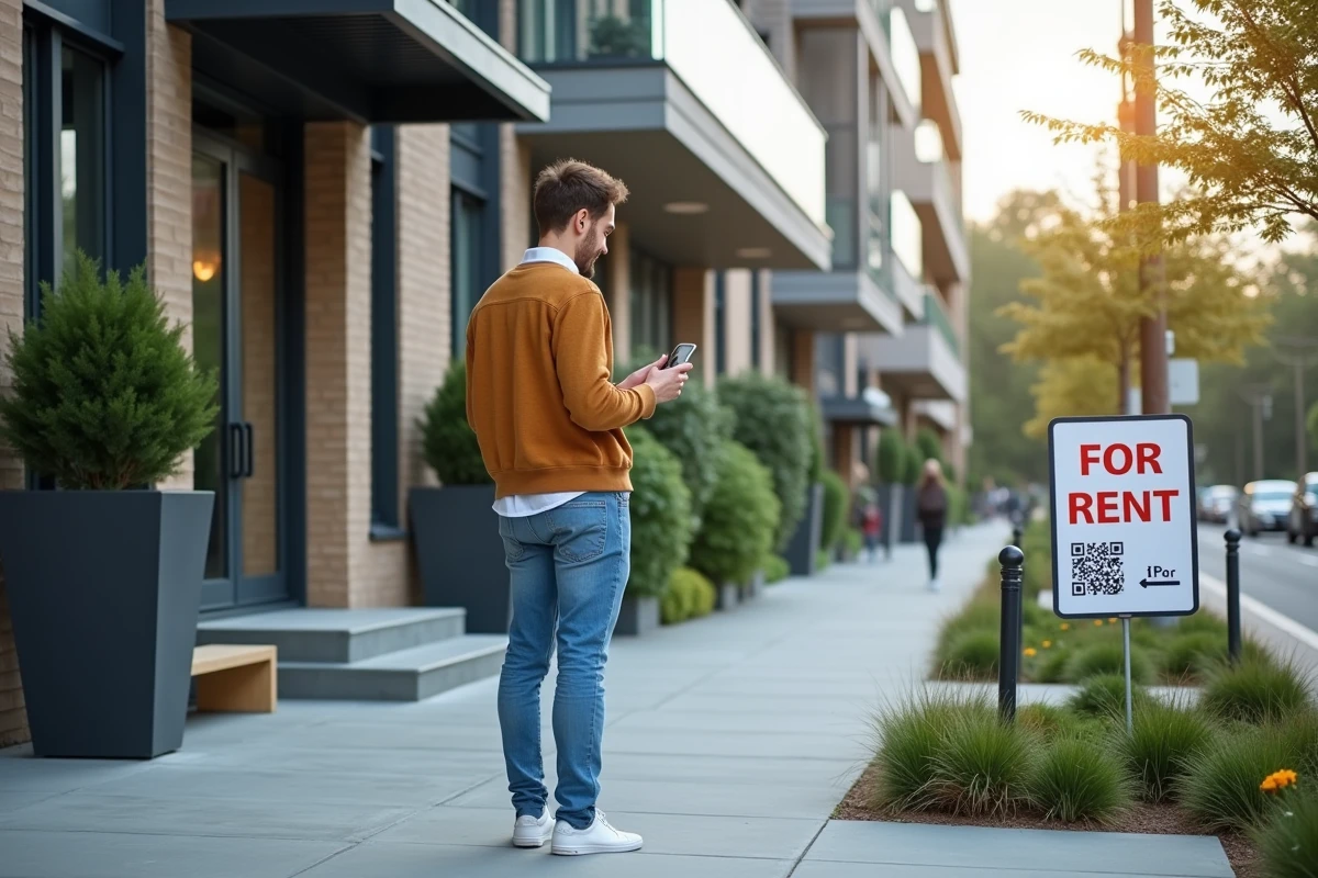 Jeune homme scannant un QR code devant un immeuble moderne