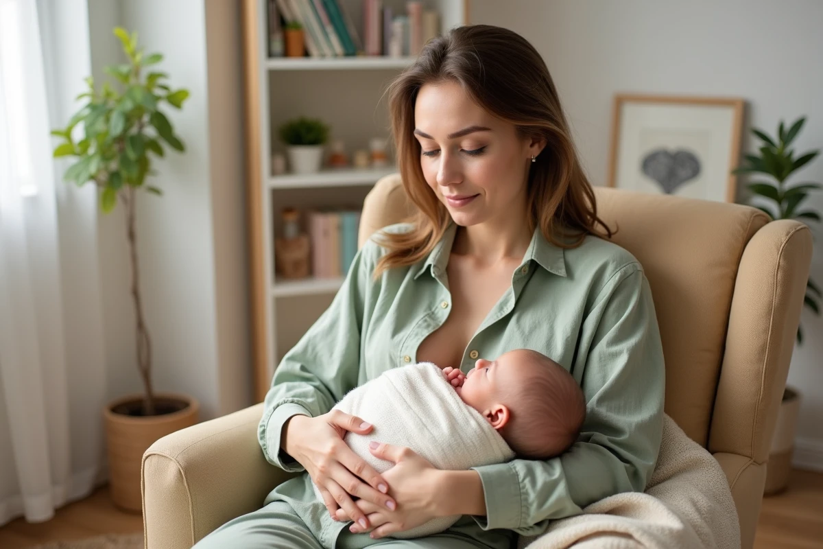 Jeune maman en chemise verte tenant son nouveau-né dans une chambre de bébé scandinave chaleureuse