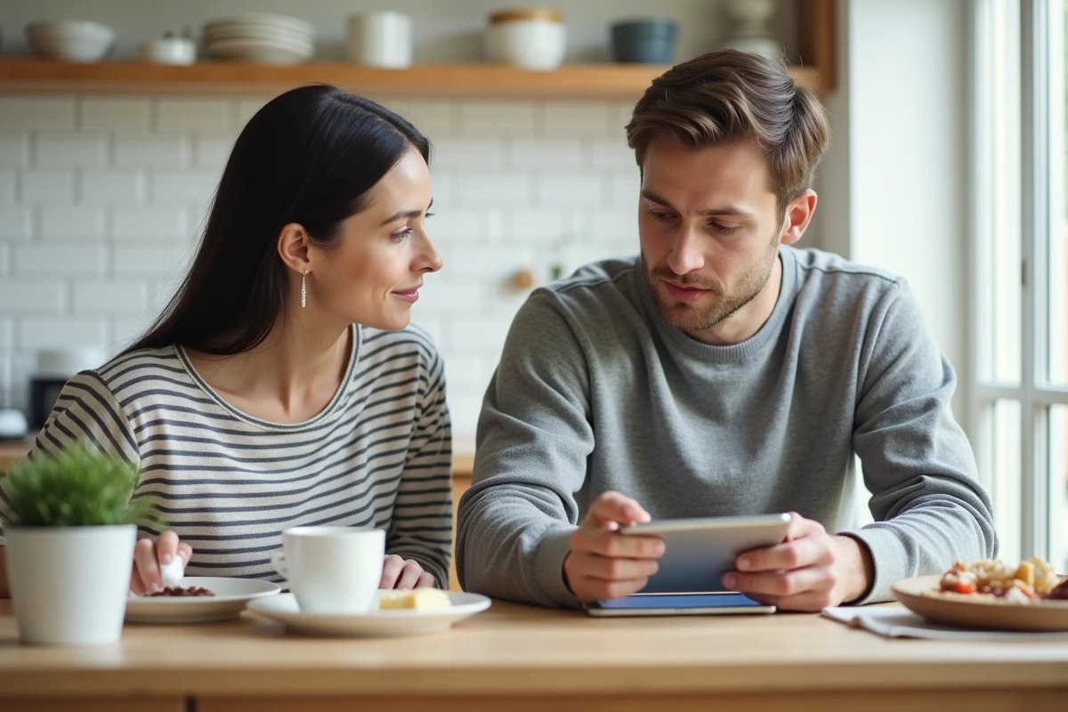 Couple de jeunes parents consultant des conseils parentaux sur tablette autour du petit-déjeuner en cuisine