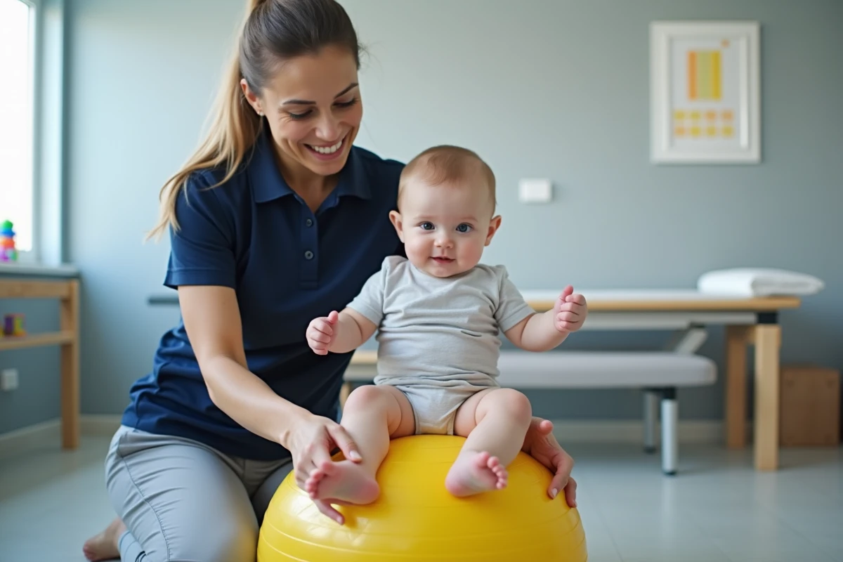 Kinésithérapeute pédiatrique guidant un bébé assis sur une balle de rééducation pour renforcer l'équilibre et préparer la marche