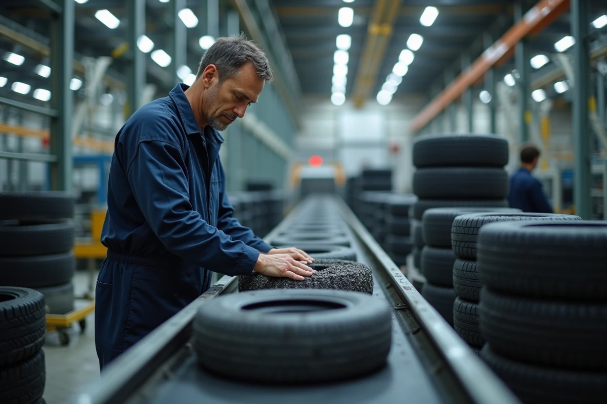 Ouvrier en overalls inspectant des pneus en usine