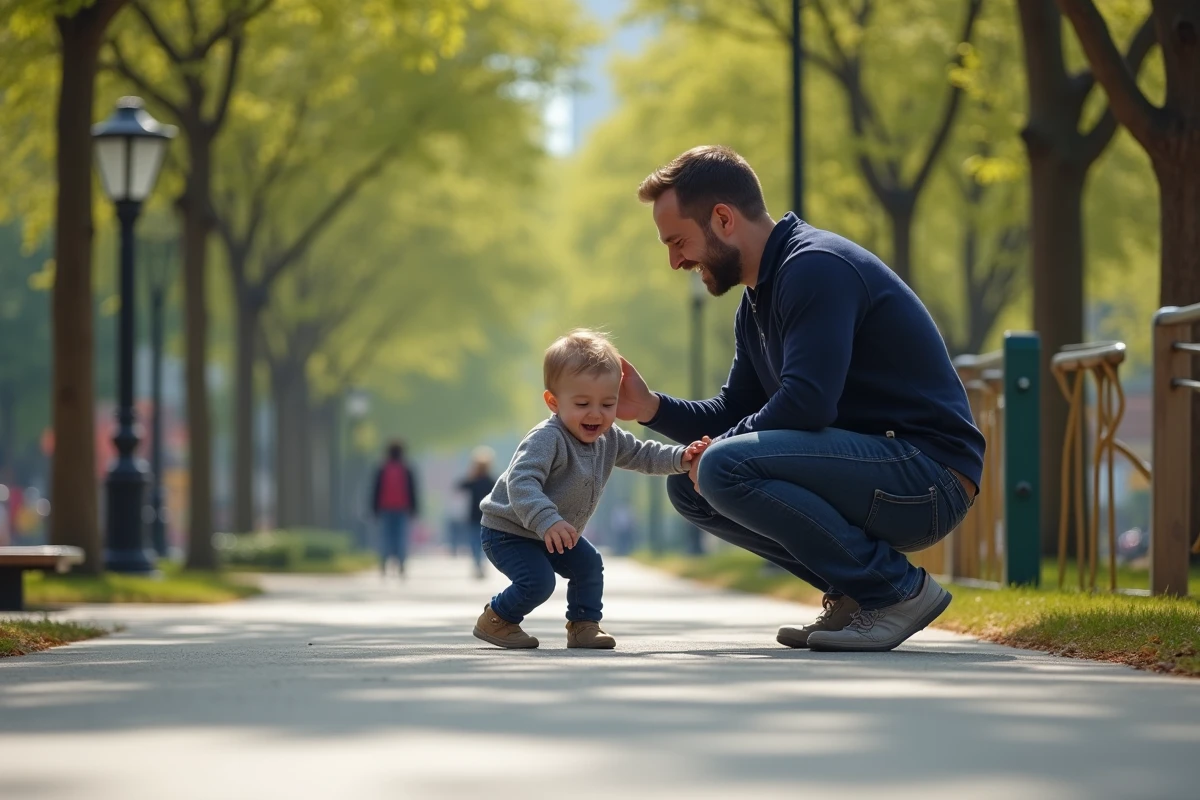 Papa jouant avec son jeune enfant dans un terrain de jeux urbain moderne en plein air