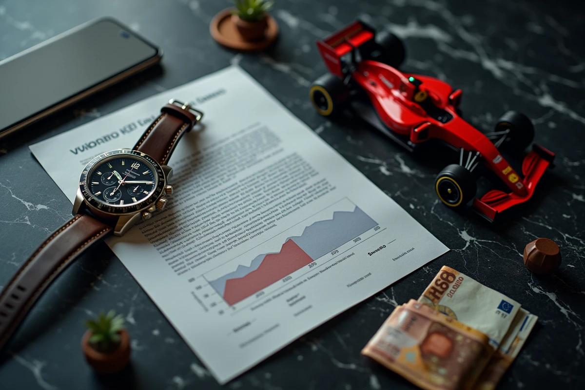 Mise en scène de symboles de richesse et de réussite financière illustrant la fortune et le patrimoine de Lewis Hamilton en 2024