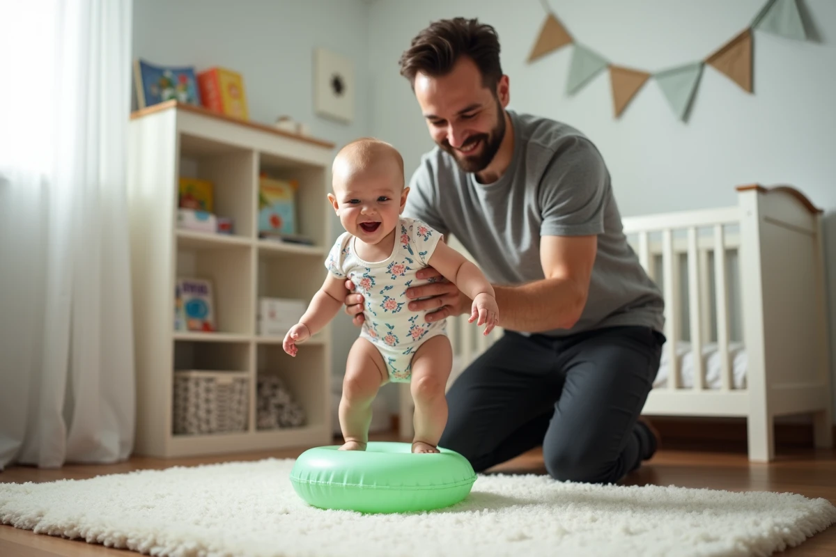 Père aidant son bébé à rebondir sur une balle dans une chambre d'enfant pour développer l'équilibre et les muscles nécessaires à la marche