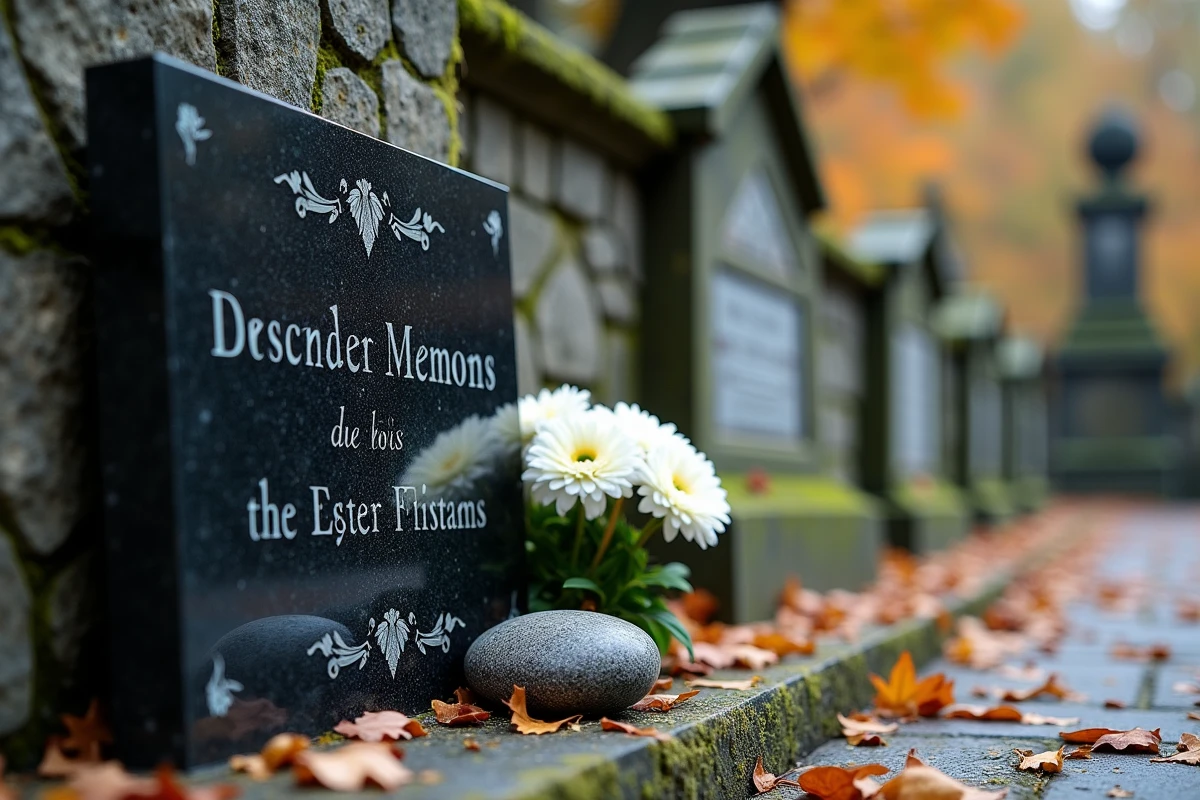 Placa funeraria de granito negro grabada con motivo floral apoyada contra una pared del cementerio rodeada de crisantemos blancos en otoño