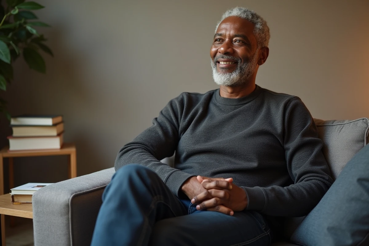 Portrait intimiste d'un célèbre acteur afro-américain assis dans un studio moderne lors d'une interview détendue