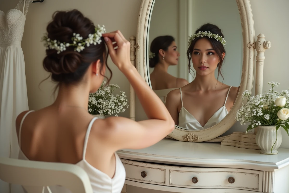 Mariée assise devant un miroir vintage pendant la préparation du mariage, coiffure florale ajustée par une styliste dans une loge féminine élégante