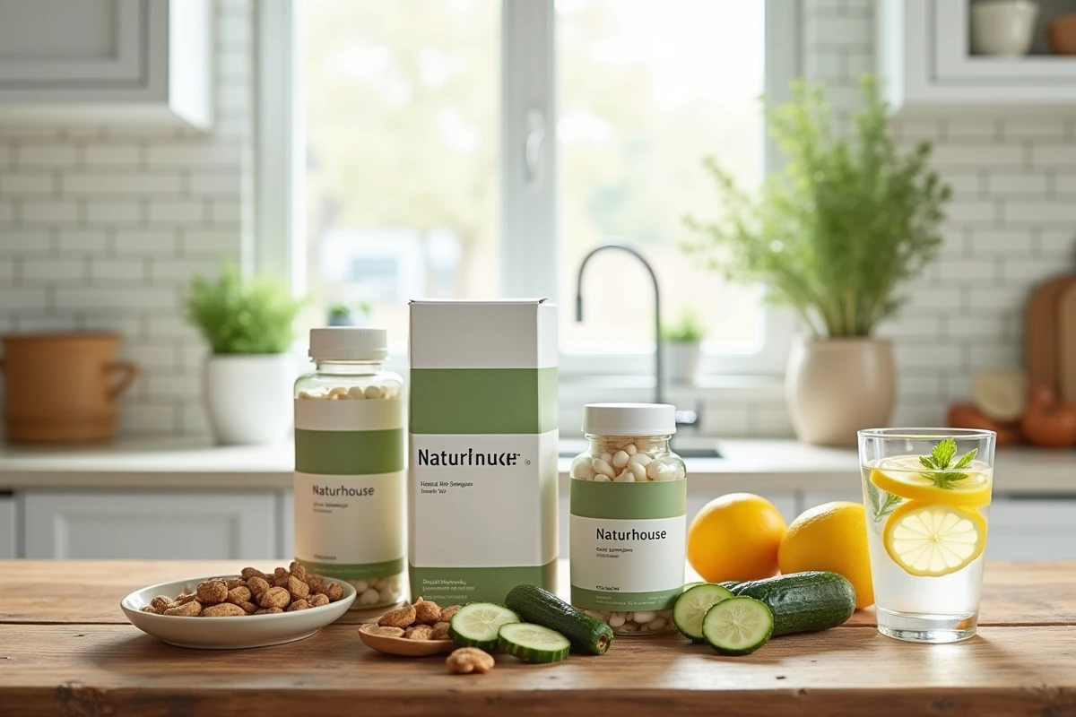 Produits Naturhouse et aliments naturels pour un pack minceur de 3 semaines disposés sur un comptoir de cuisine