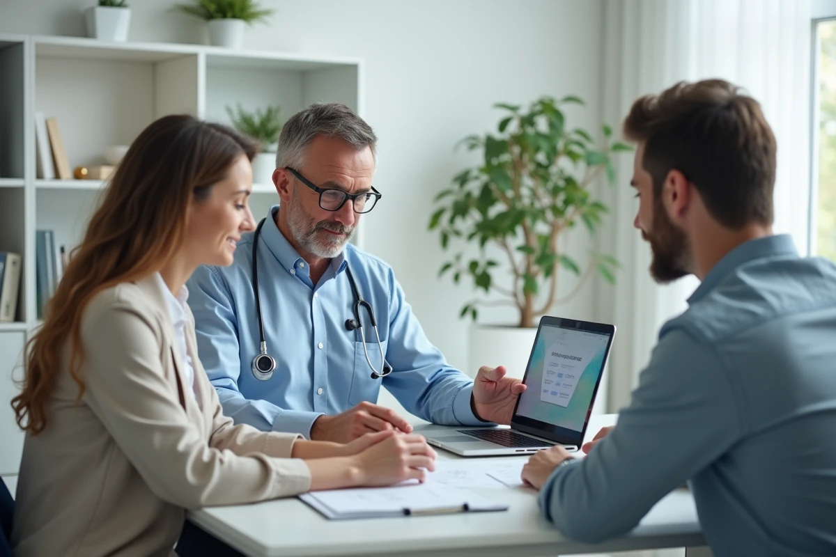 Professionnel de santé montrant une calculatrice HCG à un couple