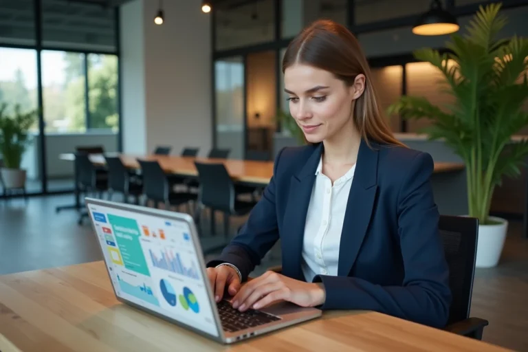 Professionnelle découvrant les solutions digitales innovantes de D'clic Lab sur un ordinateur portable dans un bureau moderne
