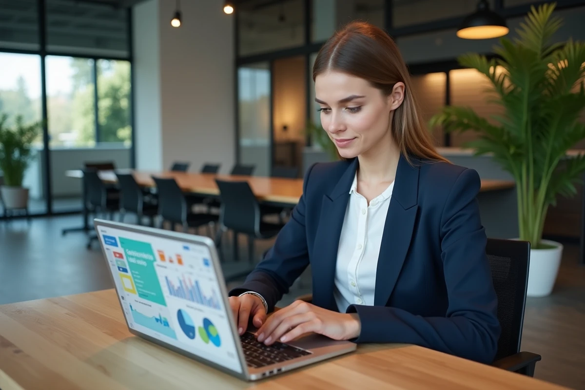Professionnelle découvrant les solutions digitales innovantes de D'clic Lab sur un ordinateur portable dans un bureau moderne