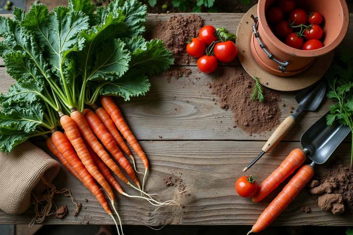 Vue aérienne de légumes frais récoltés, outils de jardinage anciens et plants d'herbes sur une table de rempotage en bois